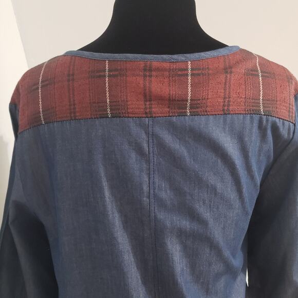 Plaid and Chambray Half Sleeve Grommet Placket Shirt Tail Hem Boho Tunic Dress - Picture 11 of 12